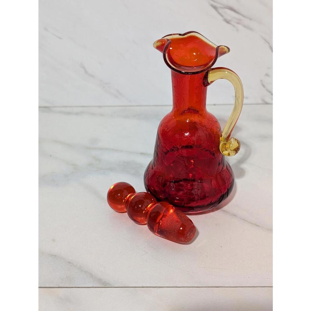 Vintage Red Crackle Glass Cruet Sized Decanter W/Stopper - Picture 4 of 9